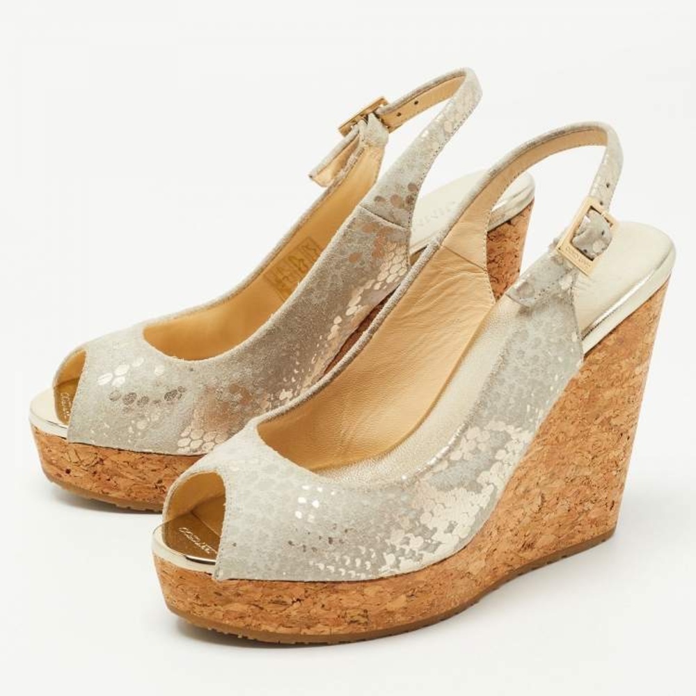 Jimmy Choo Gold Sequin Slingback Cork Wedge Sandals